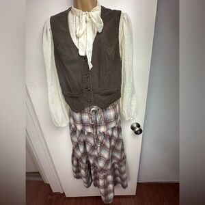 Rae Hepburn Brown Cream Plaid Vintage 70’s?Western Prairie Cottage Core Dress M?
